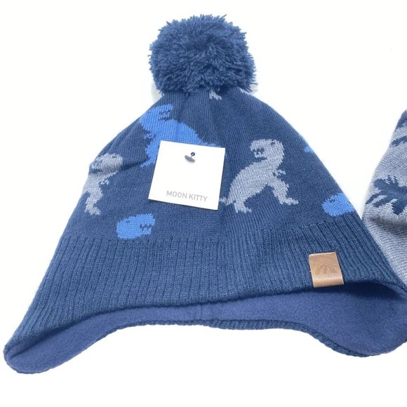 Blue Boys Dinosaur Winter Hat & Scarf Matching Set - One Size Brand New - Picture 2 of 8
